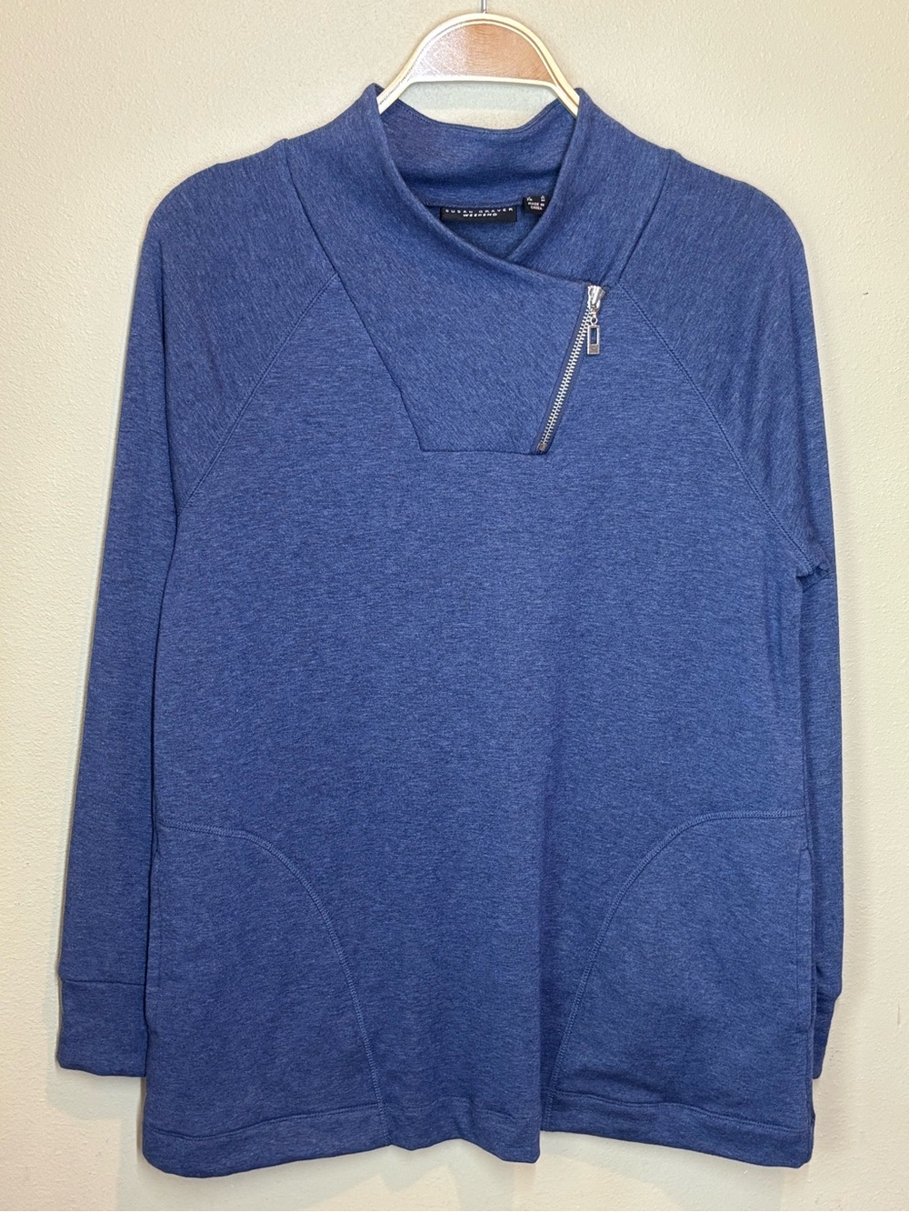 Susan Graver Weekend Asymmetric Zip Funnel Neck Sweater, blue, small